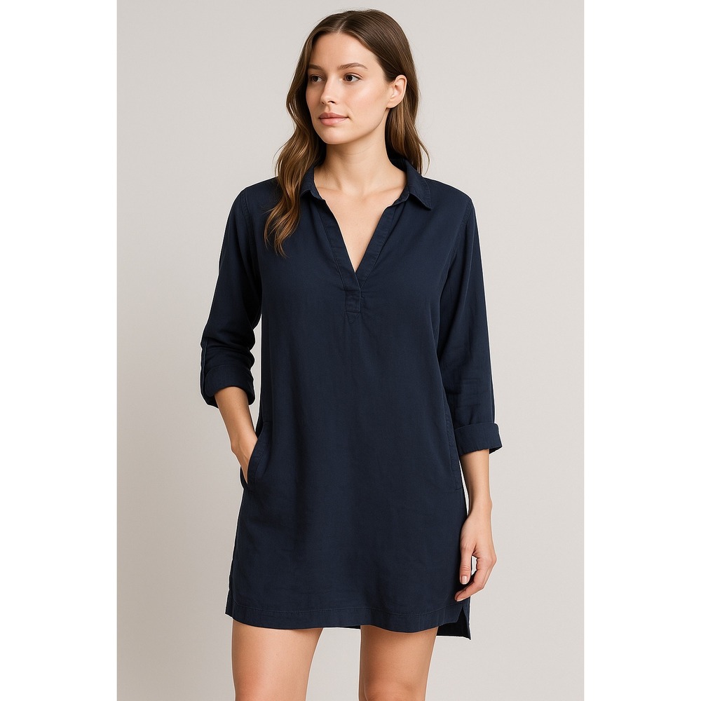 Bella Dahl Tencel Lyocell Navy Tunic Dress Split Neck Pockets Roll Tab M